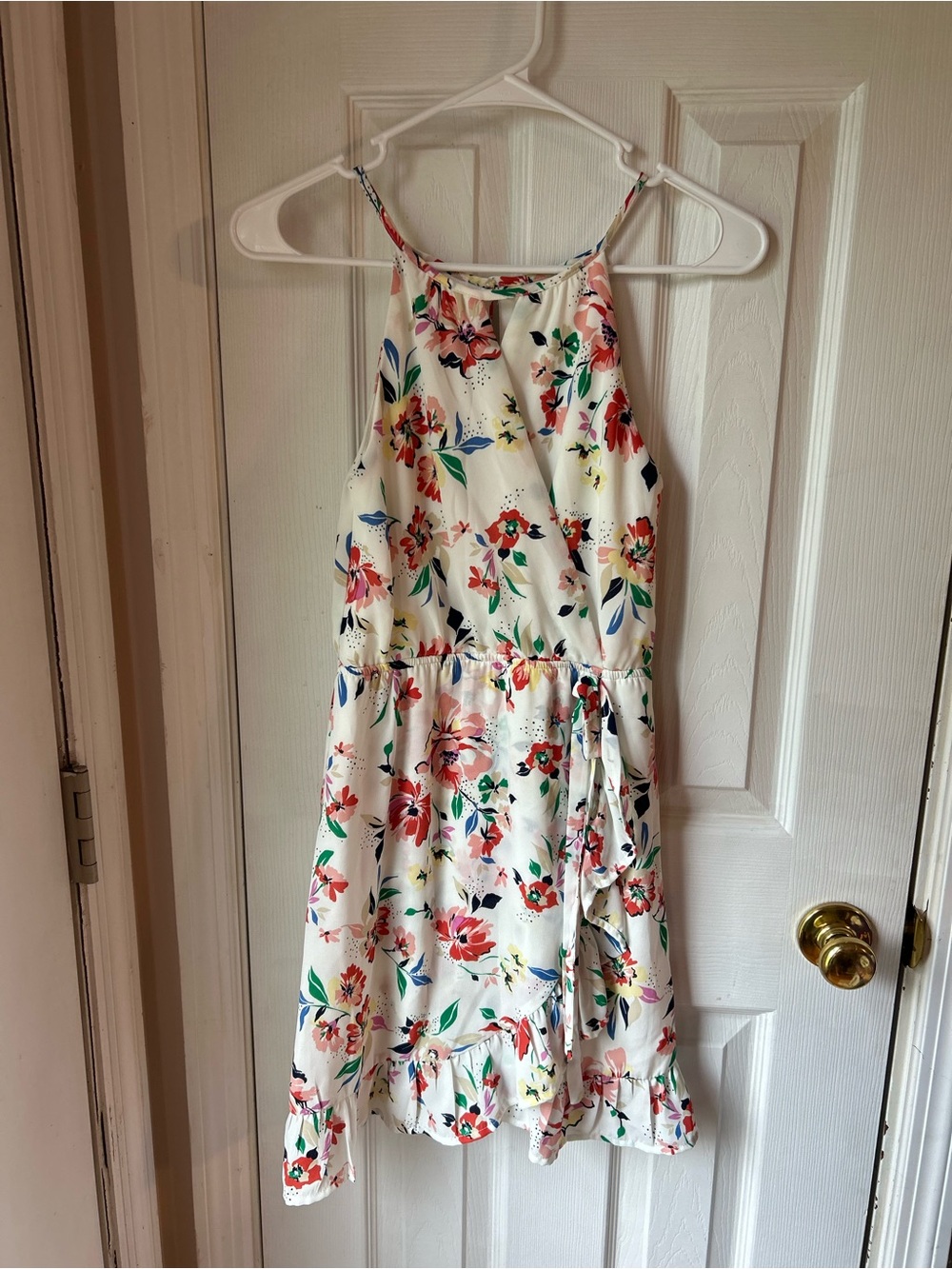 miami White Halter Dress with Red, Blue and Green Floral Print